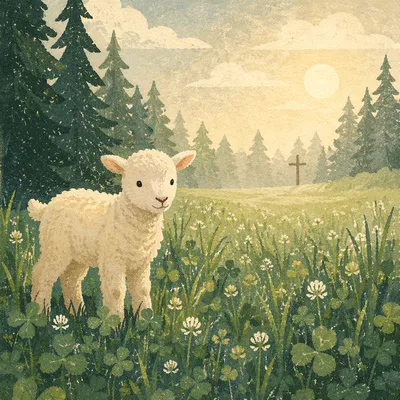 Gentle Lamb in Evergreen Meadow Light
