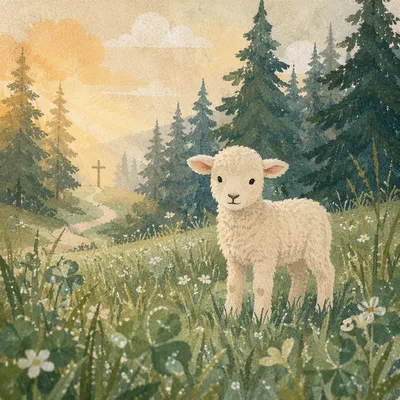 Gentle Lamb in Evergreen Meadow Light