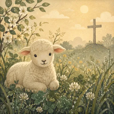 Gentle Lamb in Evergreen Meadow Light