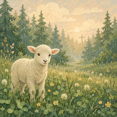 White Lamb in Peaceful Evergreen Meadow