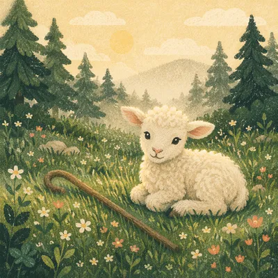 Gentle Lamb in Evergreen Meadow Light