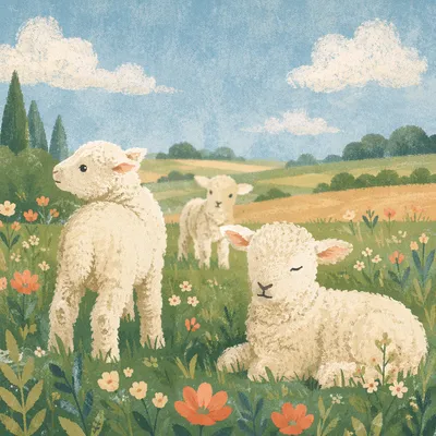 Gentle Lambs in Sunlit Green Meadow