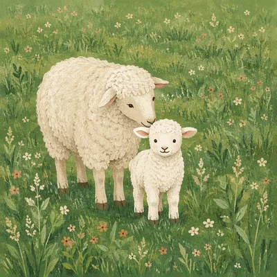 Gentle Lamb and Ewe in Green Meadow