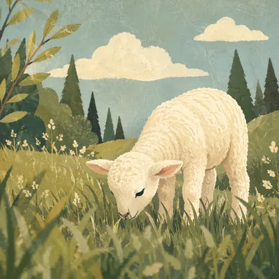 Gentle Lamb in Sunlit Evergreen Meadow