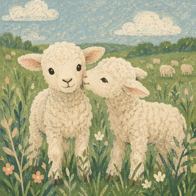 Gentle Lambs in Evergreen Meadow Light