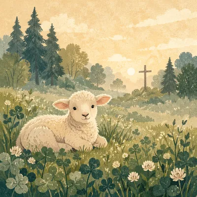 Gentle Lamb in Evergreen Meadow Light