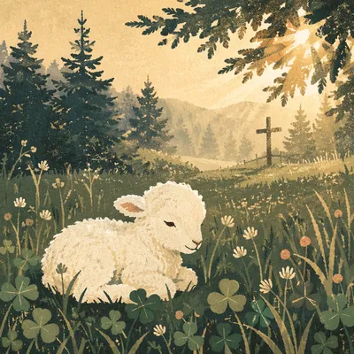 Gentle Lamb in Evergreen Meadow Light