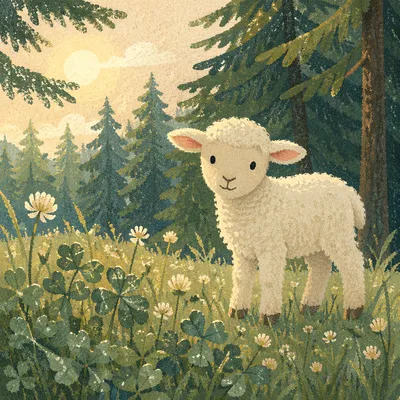Gentle Lamb in Evergreen Meadow Light
