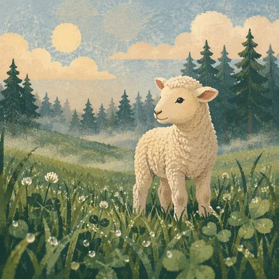 Gentle Lamb in Evergreen Meadow Light