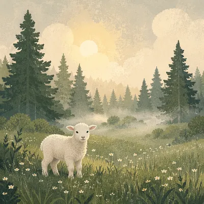 White Lamb in Evergreen Spring Meadow