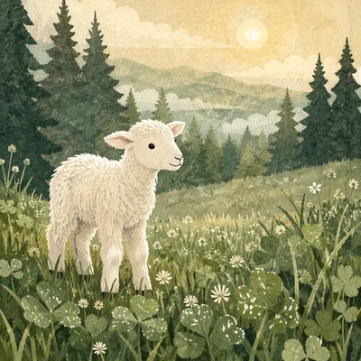 Young Lamb in Evergreen Meadow Light
