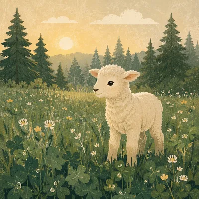 Young Lamb in Evergreen Meadow Light