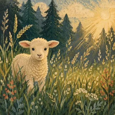 Young Lamb in Evergreen Meadow Light