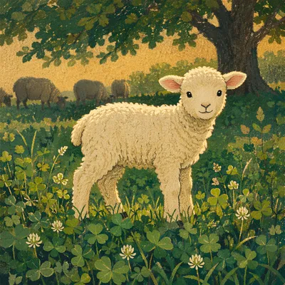 Young Lamb in Evergreen Meadow Light