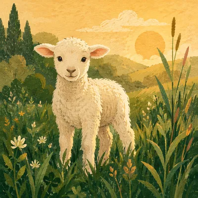 Gentle White Lamb in Evergreen Meadow