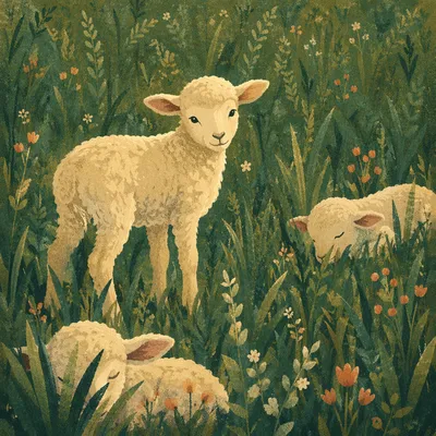 Gentle Lamb in Evergreen Meadow Light