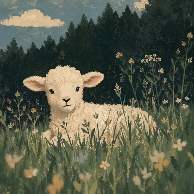Gentle White Lamb in Evergreen Meadow