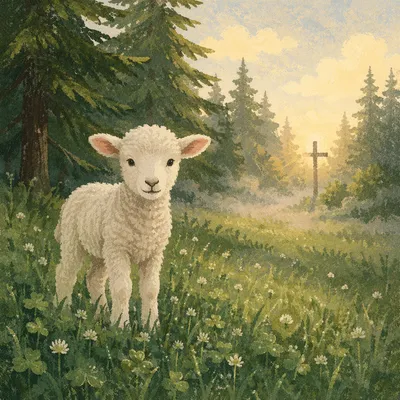 Gentle Lamb in Evergreen Meadow Light