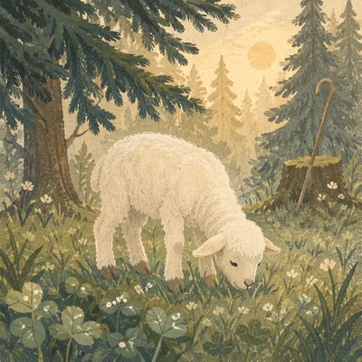 Gentle Lamb in Evergreen Meadow Light
