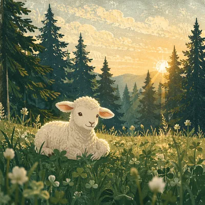 White Lamb in Evergreen Meadow Light