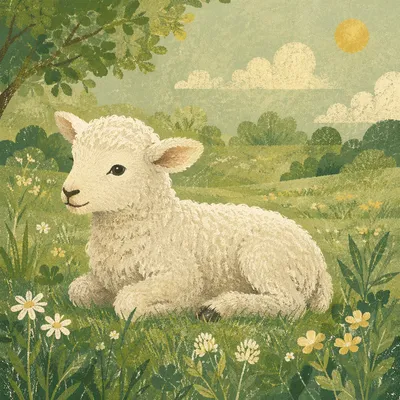 Peaceful White Lamb in Evergreen Meadow