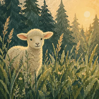 Gentle Lamb in Evergreen Meadow Light