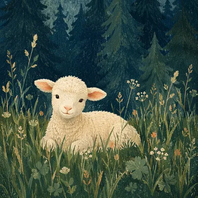 Gentle Lamb in Evergreen Meadow Light