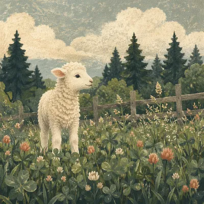 White Lamb in Evergreen Meadow Light