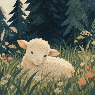 Gentle Lamb Resting in Evergreen Meadow