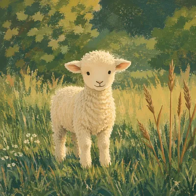 Peaceful White Lamb in Green Meadow