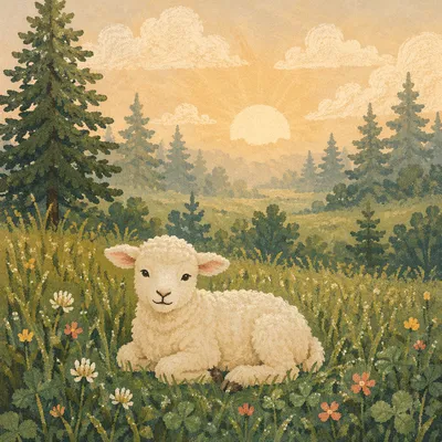 Gentle Lamb in Evergreen Meadow Light