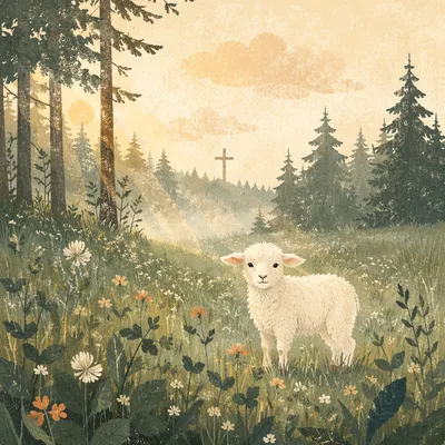 Gentle Lamb in Evergreen Meadow Light