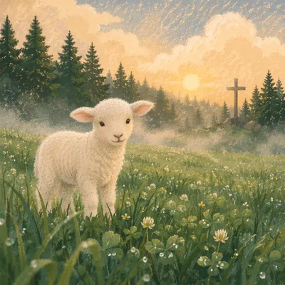 Gentle Lamb in Evergreen Meadow Light