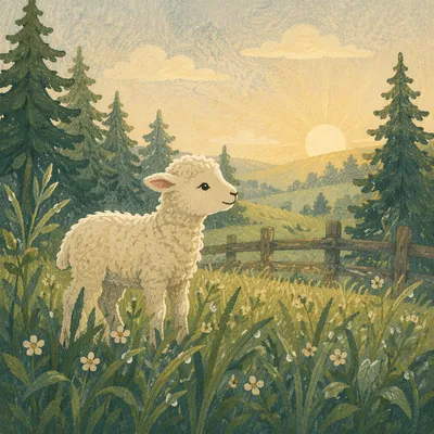 Gentle Lamb in Evergreen Morning Meadow
