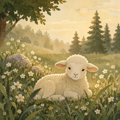 Gentle Lamb in Evergreen Meadow Light