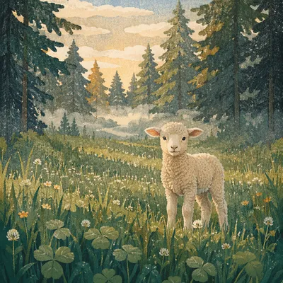 Gentle Lamb in Evergreen Meadow Light