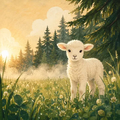 Gentle Lamb in Evergreen Meadow Light