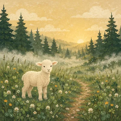 Gentle Lamb in Evergreen Meadow Light