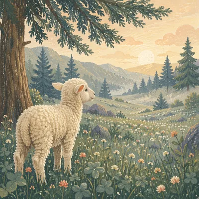 Gentle Lamb in Evergreen Meadow Light