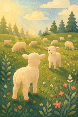 Gentle Lambs in Evergreen Morning Meadow