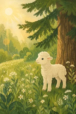 Gentle Lamb in Evergreen Meadow Light