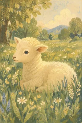 Gentle Lamb in Evergreen Meadow Light
