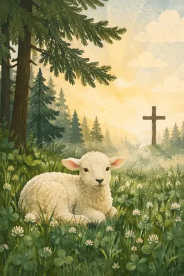 Gentle Lamb in Evergreen Meadow Light