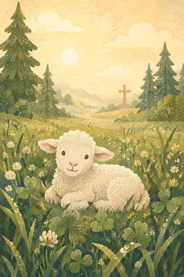 Gentle Lamb in Evergreen Meadow Light