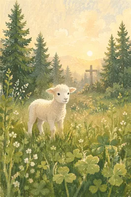 Gentle Lamb in Evergreen Meadow Light