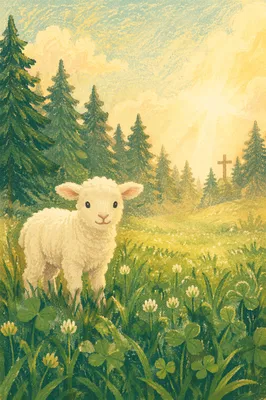 White Lamb in Evergreen Meadow Light