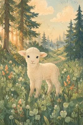 Gentle Lamb in Evergreen Meadow Light