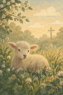 Gentle Lamb in Evergreen Meadow Light
