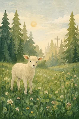 Gentle Lamb in Evergreen Meadow Light