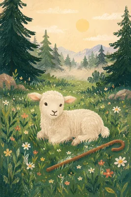 Gentle Lamb in Evergreen Meadow Light